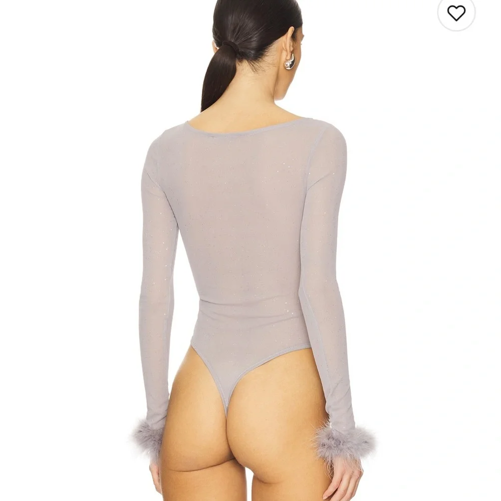 More to Come Grey Sparkle Mesh Feather Cuff Bodysuit - NWT - Size small - Picture 5 of 5